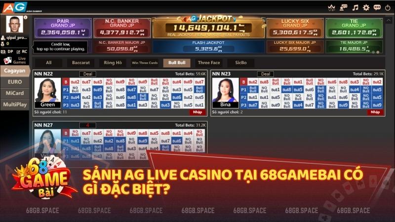 AG Live Casino tại game bài 68 nổi bật với công nghệ hiện đại, kho trò chơi phong phú, dealer chuyên nghiệp và cơ hội trúng Jackpot hấp dẫn cho mọi người chơi.