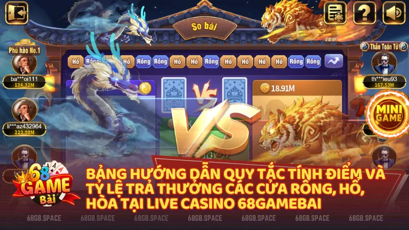 Bảng hướng dẫn quy tắc tính điểm và tỷ lệ trả thưởng các cửa Rồng, Hổ, Hòa tại Live Casino 68gamebai.